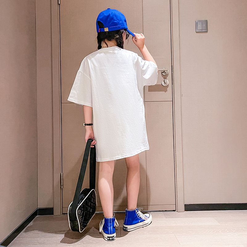 【110-170】 ゆったり アルファベット プリント 中長 半袖 夏 子供服 キッズ ジュニア 女の子 トップス Tシャツ カットソー