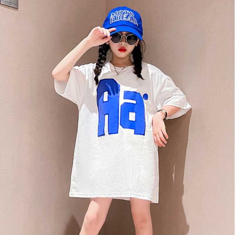 【110-170】 ゆったり アルファベット プリント 中長 半袖 夏 子供服 キッズ ジュニア 女の子 トップス Tシャツ カットソー