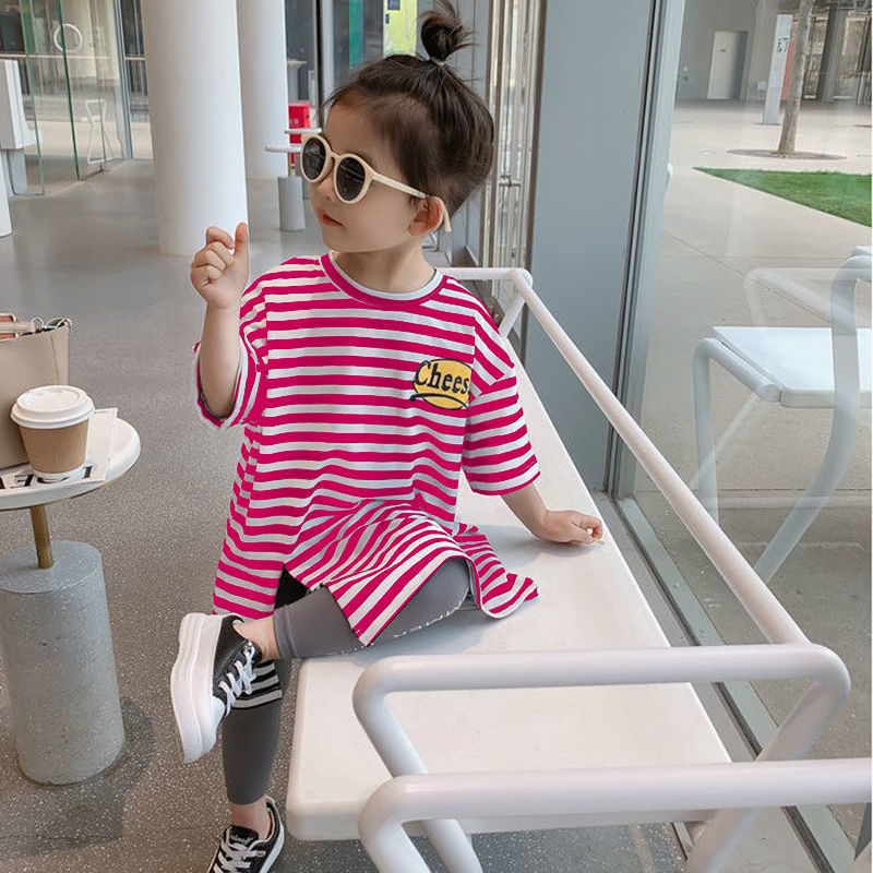 【90-130】オシャレ ボーダー スリット 半袖 ストレート ロングTシャツ 夏 子供服 キッズ トドラー 女の子 ワンピース