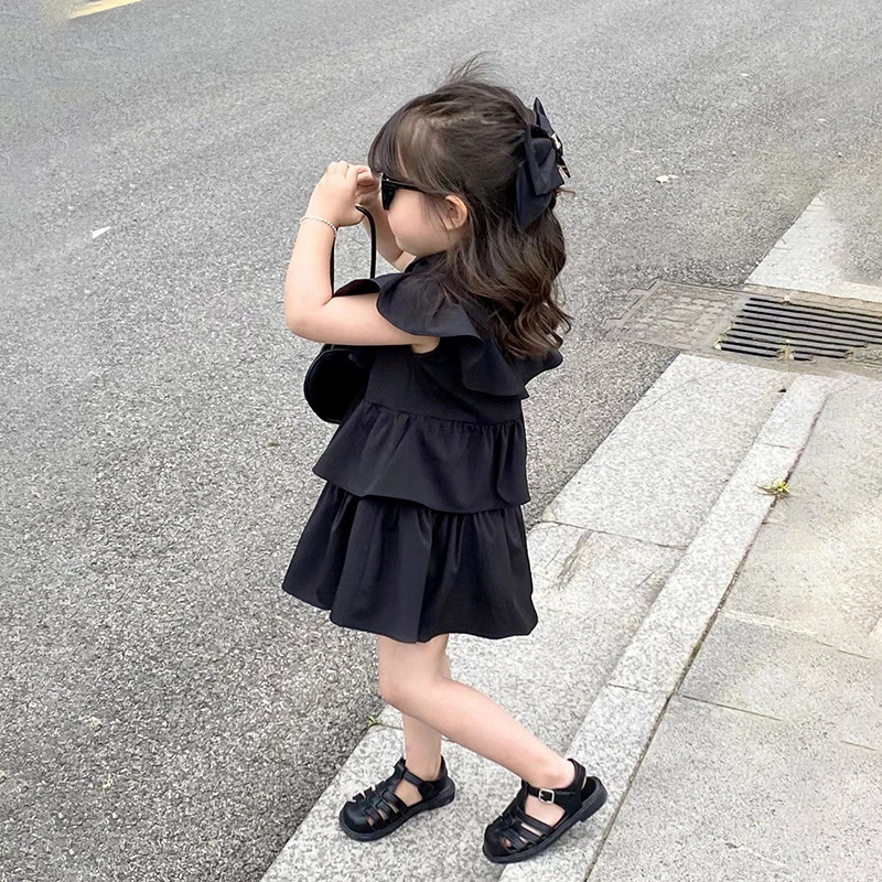 【90-140cm】気質アップ 可愛いデザイン 無地 スタンドネック フリル Aライン ワンピース