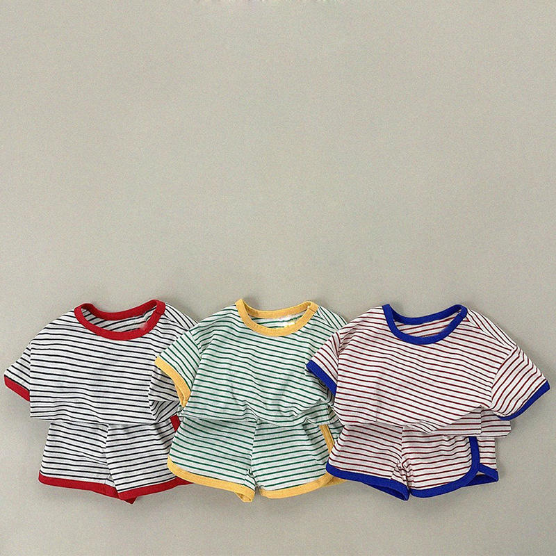 【70-120cm】三色選べ 新登場 人気上昇中 韓国風ファッション 配色 ボーダー 夏 女の子 男の子 セットアップ