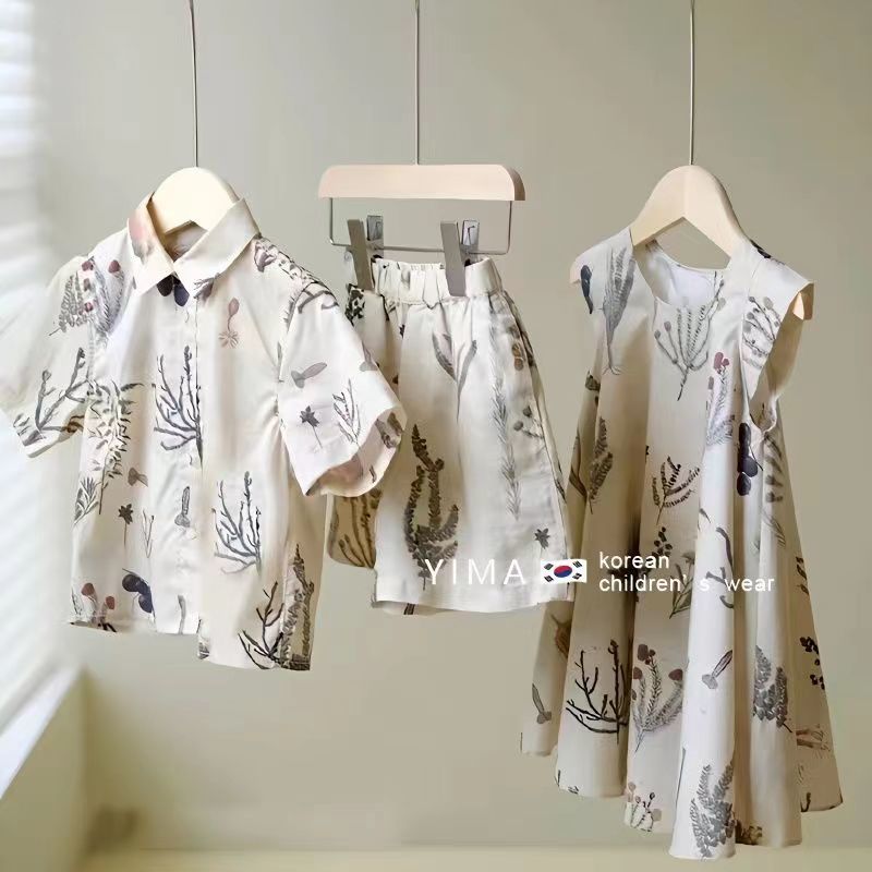 【100-140cm】おしゃれ 総柄 シャツ✛ショートパンツ/ワンピース 夏 子供服 キッズ トドラー 男女兼用 2点セット/ワンピース