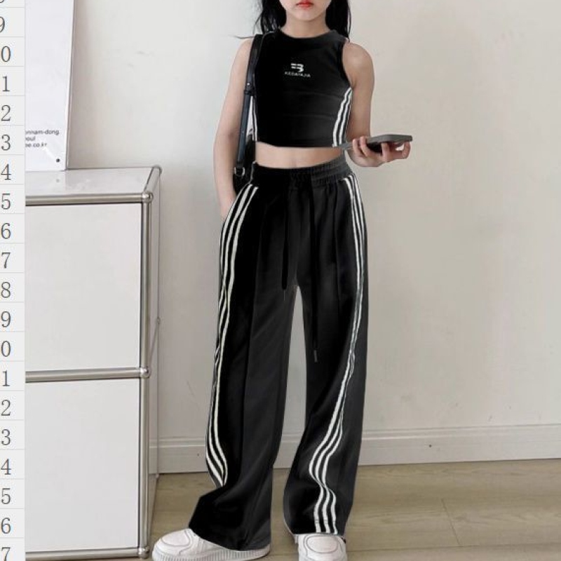 【120-170】単品注文可 ヒップホップ ダンス 練習服 ストライプ柄 タンクトップ✛ワイドパンツ 夏 子供服 キッズ ジュニア 女の子 セットアップ