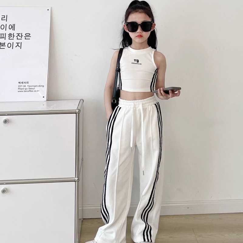 【120-170】単品注文可 ヒップホップ ダンス 練習服 ストライプ柄 タンクトップ✛ワイドパンツ 夏 子供服 キッズ ジュニア 女の子 セットアップ