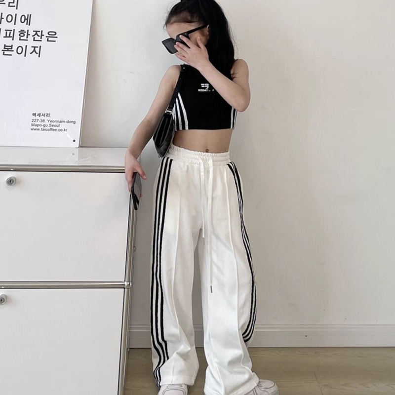 【120-170】単品注文可 ヒップホップ ダンス 練習服 ストライプ柄 タンクトップ✛ワイドパンツ 夏 子供服 キッズ ジュニア 女の子 セットアップ