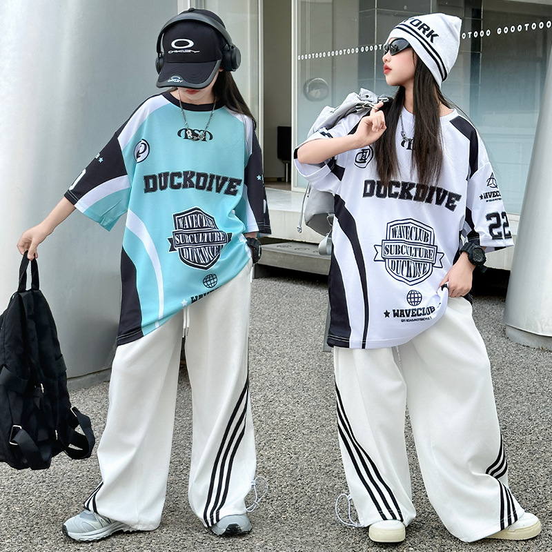 【120-170】単品注文 4色 ヒップホップ ダンス ゆったり 配色 落書き アルファベット 半袖 Tシャツ/ストライプ柄 ワイドパンツ