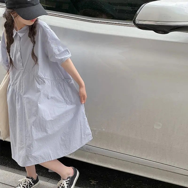 【110-170 cm】学園風 清新 無地 POLOネック ゆったり 半袖 夏 子供服 キッズ ジュニア 女の子 シャツワンピース