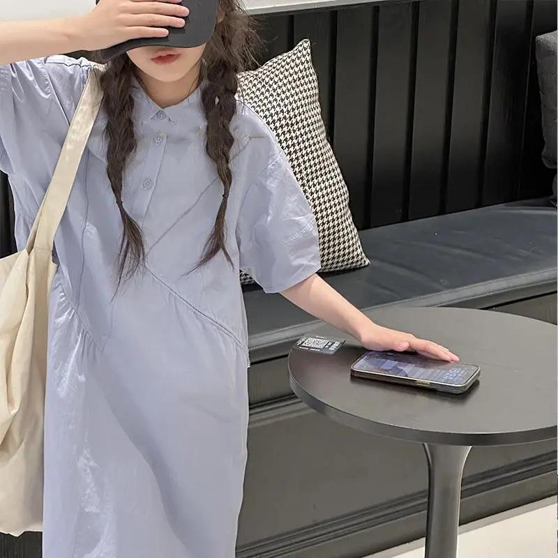 【110-170 cm】学園風 清新 無地 POLOネック ゆったり 半袖 夏 子供服 キッズ ジュニア 女の子 シャツワンピース