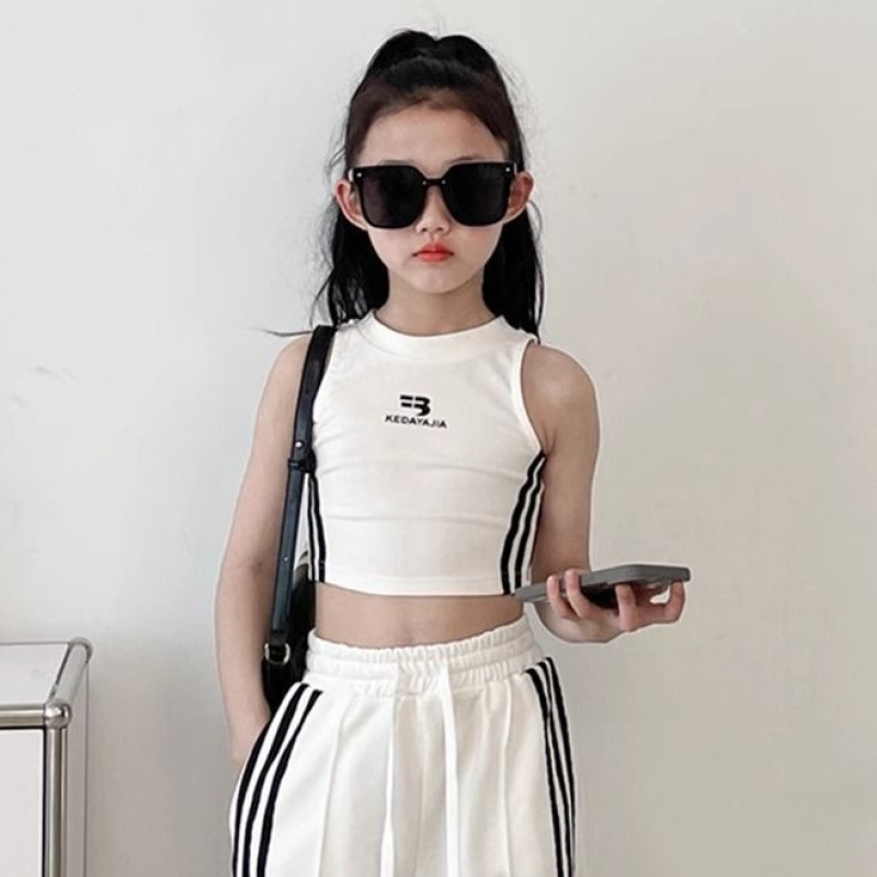 【120-170】単品注文可 ヒップホップ ダンス 練習服 ストライプ柄 タンクトップ✛ワイドパンツ 夏 子供服 キッズ ジュニア 女の子 セットアップ