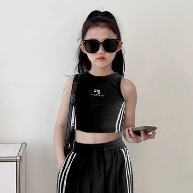 【120-170】単品注文可 ヒップホップ ダンス 練習服 ストライプ柄 タンクトップ✛ワイドパンツ 夏 子供服 キッズ ジュニア 女の子 セットアップ