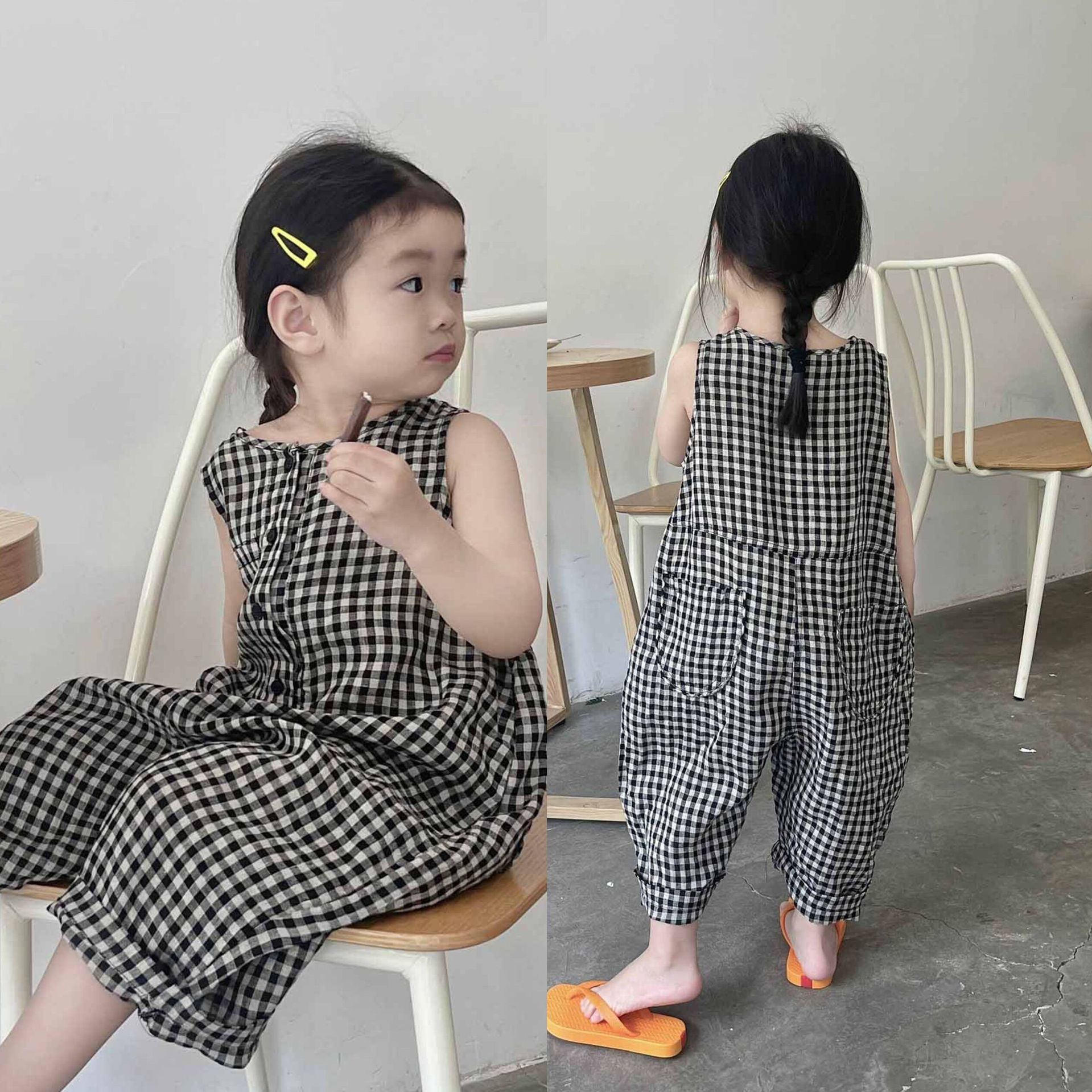 【95-130cm】絶対欲しい 気質アップ 高見えデザイン チェック柄 ノースリーブ カジュアル 夏 女の子 オールインワン ボトムス