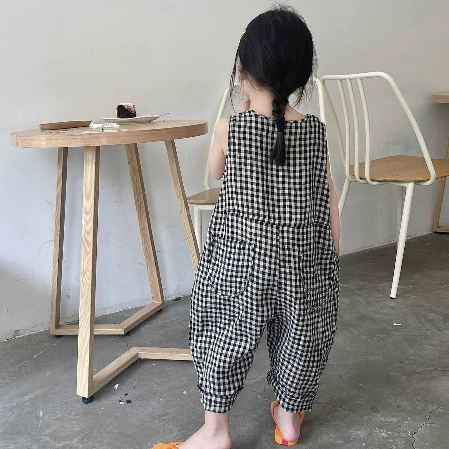 【95-130cm】絶対欲しい 気質アップ 高見えデザイン チェック柄 ノースリーブ カジュアル 夏 女の子 オールインワン ボトムス
