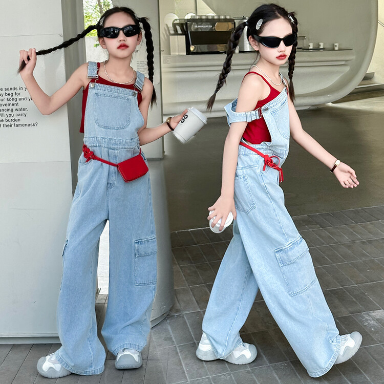 【120-170cm】 レトロ 無地 ゆったり キャミソール/デニム サロペット ワイドパンツ 夏 子供服 キッズ ジュニア 女の子 セットアップ(単品注文)