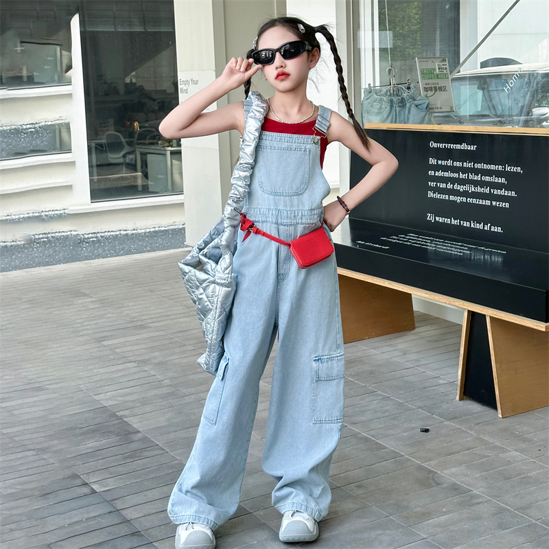 【120-170cm】 レトロ 無地 ゆったり キャミソール/デニム サロペット ワイドパンツ 夏 子供服 キッズ ジュニア 女の子 セットアップ(単品注文)