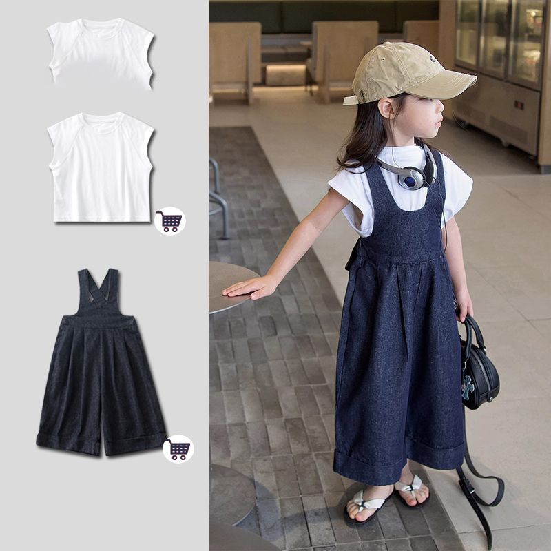 【100-150cm】可愛いデザイン 定番 森ガール レトロ 無地 Tシャッツ＋デニム サロペット 子供服 女の子 夏 二点セットアップ