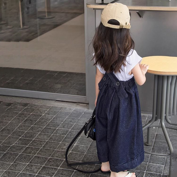 【100-150cm】可愛いデザイン 定番 森ガール レトロ 無地 Tシャッツ＋デニム サロペット 子供服 女の子 夏 二点セットアップ