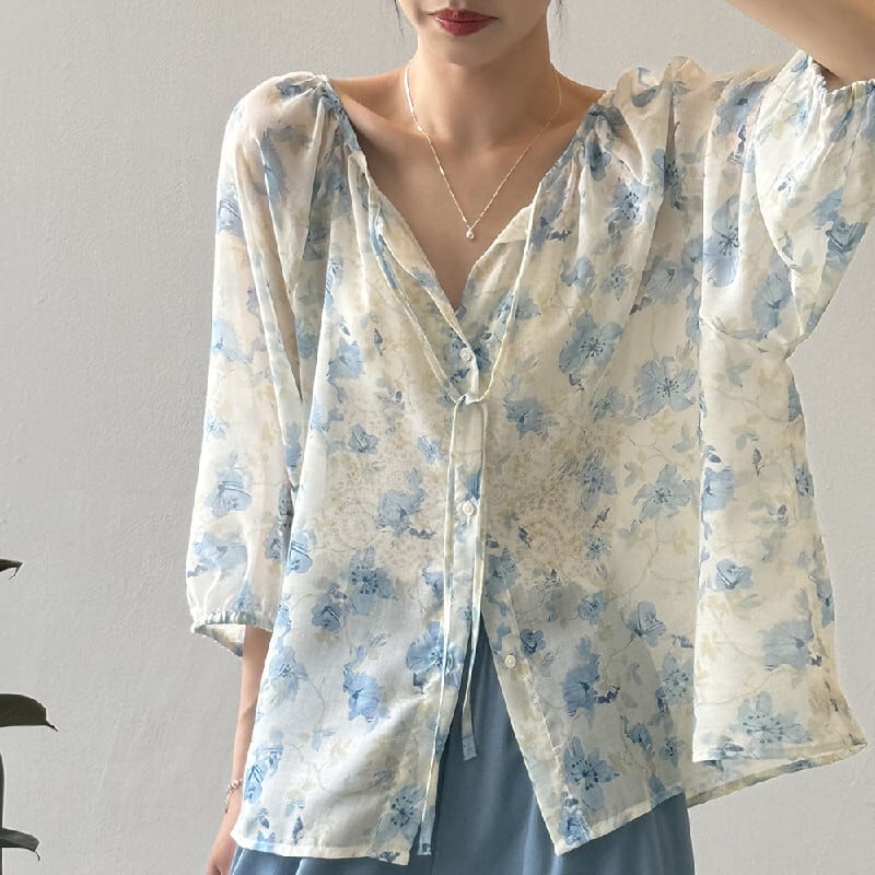 トップス 2色展開 花柄 リボン ゆったり 涼しい 七分袖 ブルー オレンジ M L