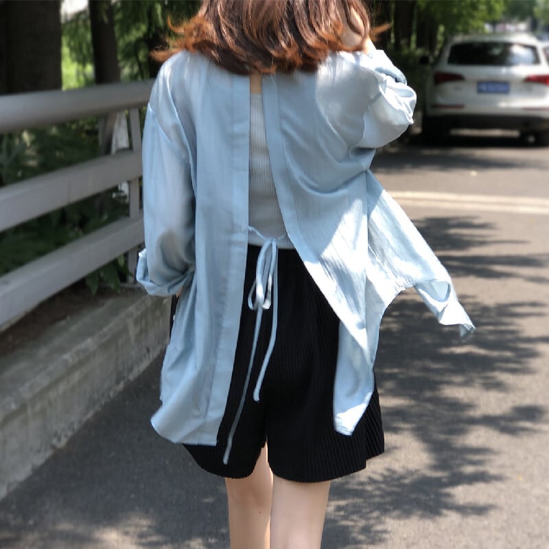 トップス 薄いシャツ 日差し防止 3色展開 バックリボン 薄手 ブルー ホワイト パープル S M L