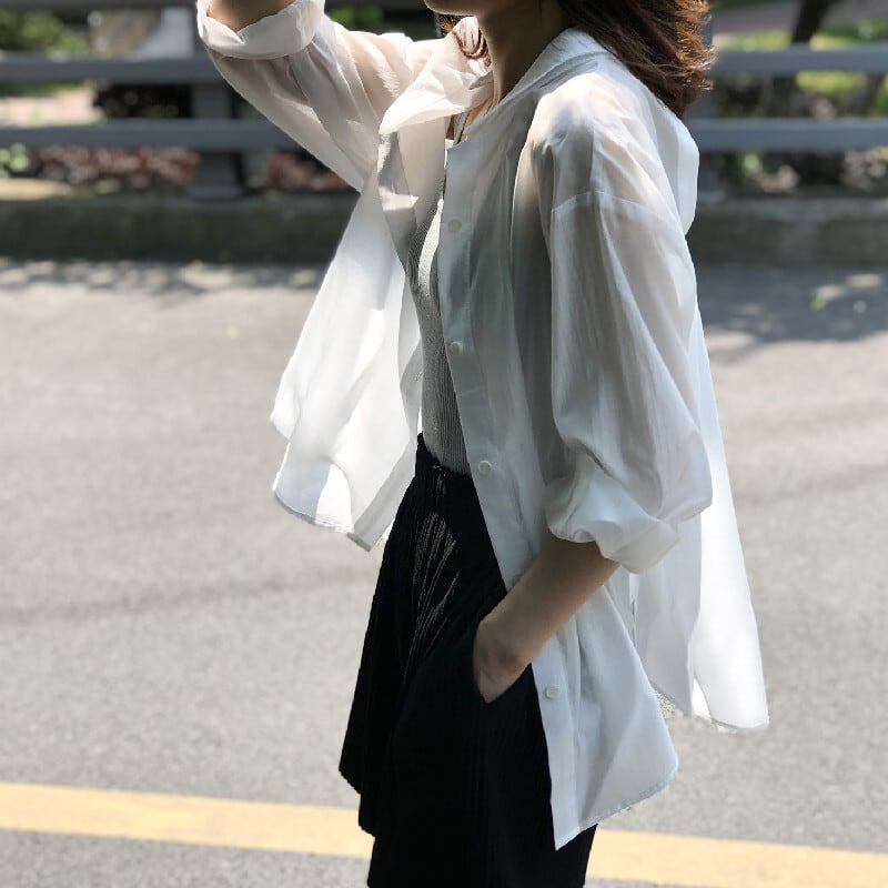 トップス 薄いシャツ 日差し防止 3色展開 バックリボン 薄手 ブルー ホワイト パープル S M L