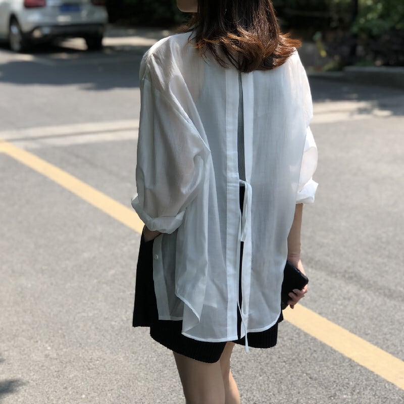 トップス 薄いシャツ 日差し防止 3色展開 バックリボン 薄手 ブルー ホワイト パープル S M L
