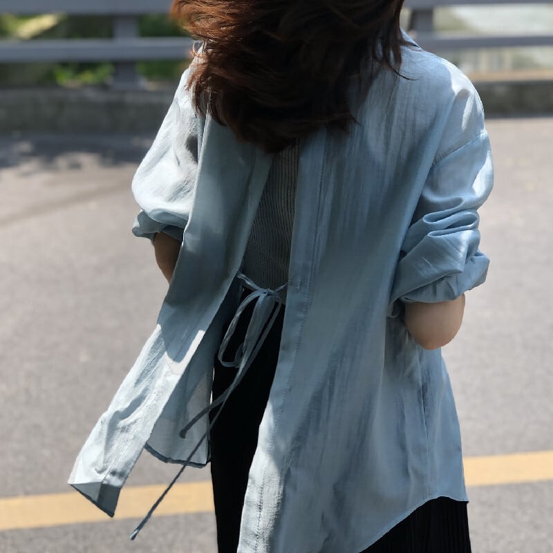 トップス 薄いシャツ 日差し防止 3色展開 バックリボン 薄手 ブルー ホワイト パープル S M L