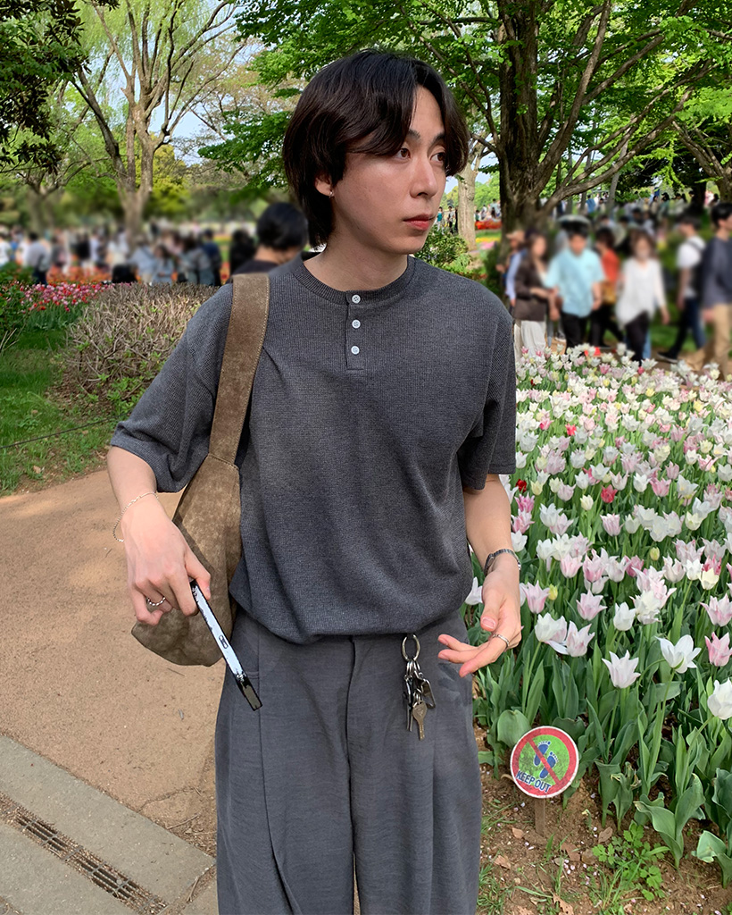 ワッフルヘンリーネックTシャツ