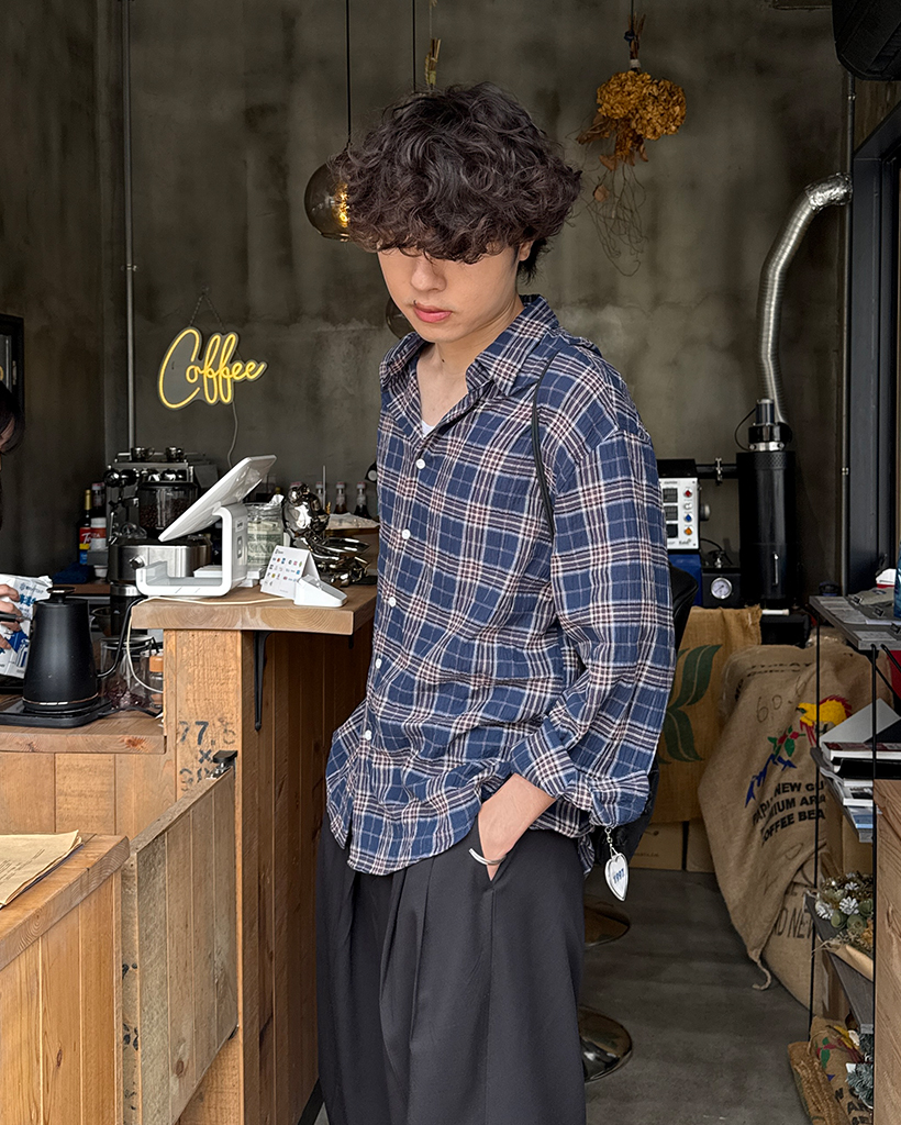 タータンチェックリンクルロングシャツ