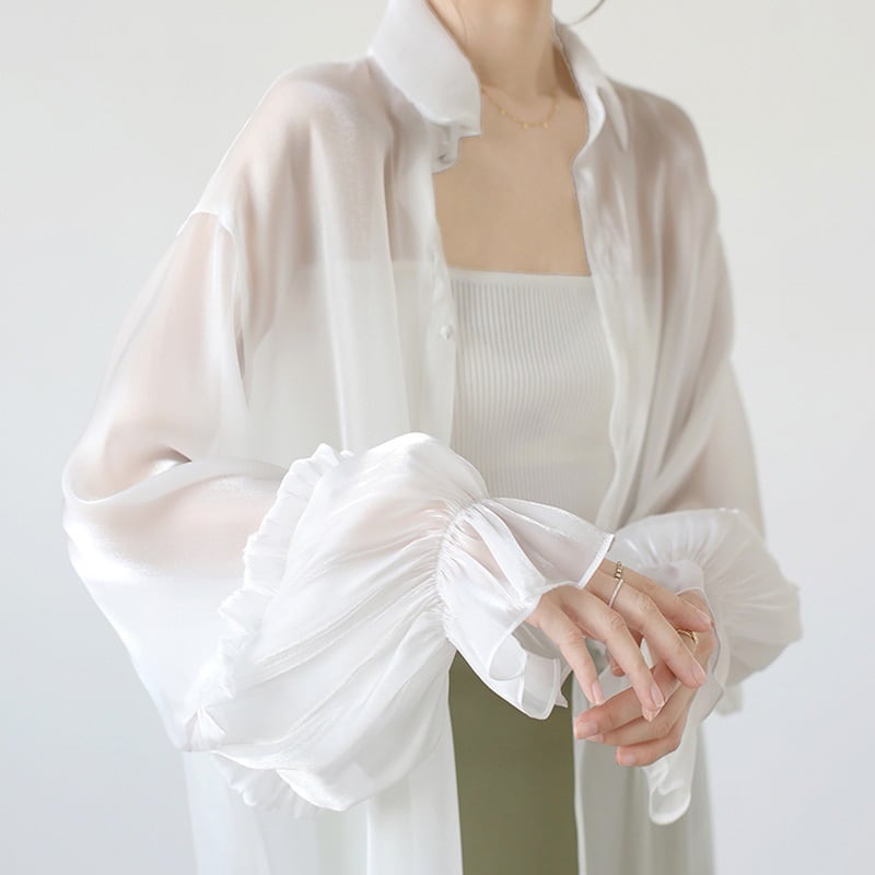 トップス 薄いシャツ 日差し防止 2色展開 薄手 ランタンスリーブ 日焼け止め服 長袖 ピンク ホワイト
