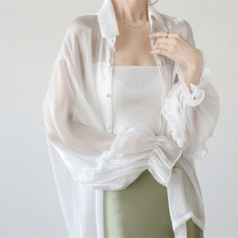 トップス 薄いシャツ 日差し防止 2色展開 薄手 ランタンスリーブ 日焼け止め服 長袖 ピンク ホワイト