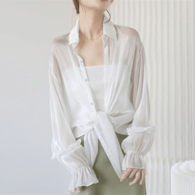 トップス 薄いシャツ 日差し防止 2色展開 薄手 ランタンスリーブ 日焼け止め服 長袖 ピンク ホワイト