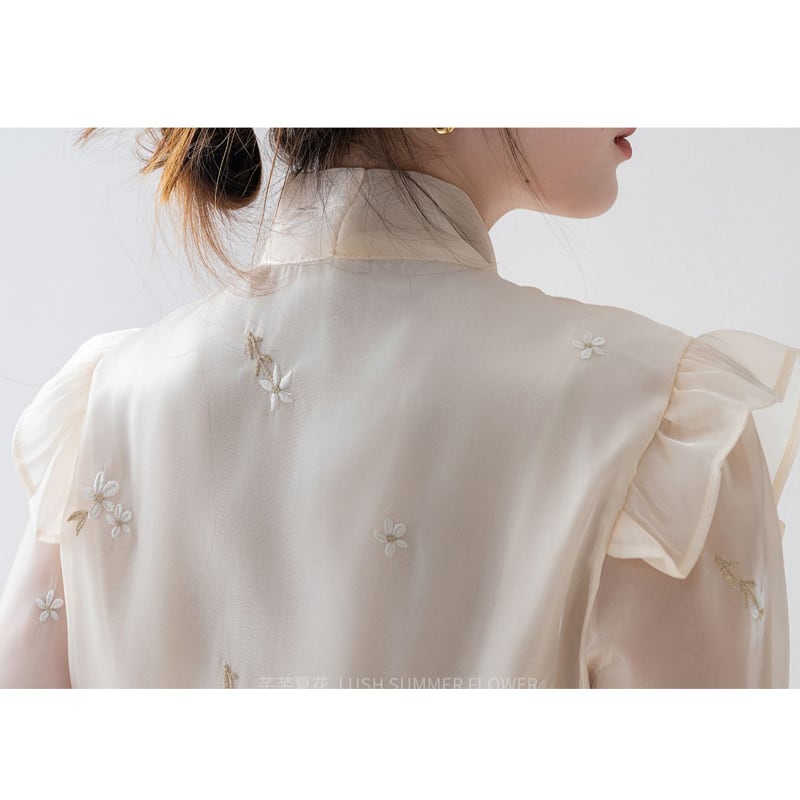 トップス シャツ · ブラウス リボン 長袖 刺繡 ベージュ