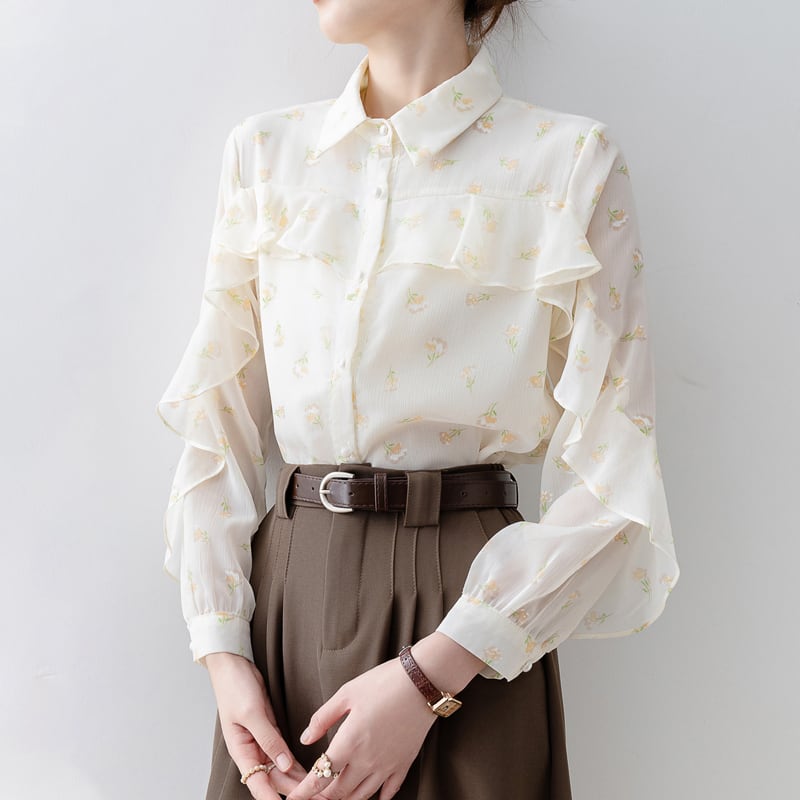 トップス シャツ · ブラウス 花柄 ペプラム 長袖 シングルブレスト