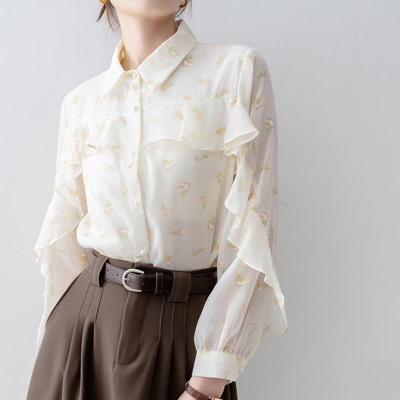 トップス シャツ · ブラウス 花柄 ペプラム 長袖 シングルブレスト