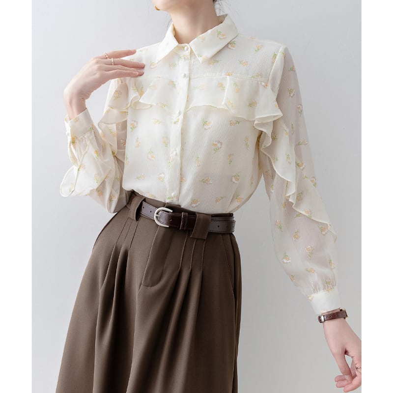 トップス シャツ · ブラウス 花柄 ペプラム 長袖 シングルブレスト