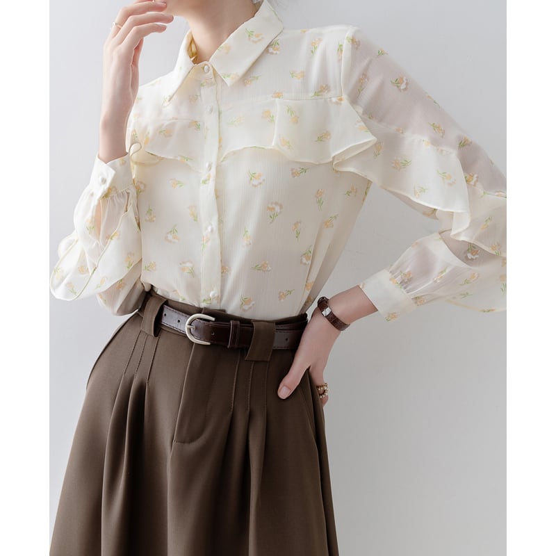トップス シャツ · ブラウス 花柄 ペプラム 長袖 シングルブレスト