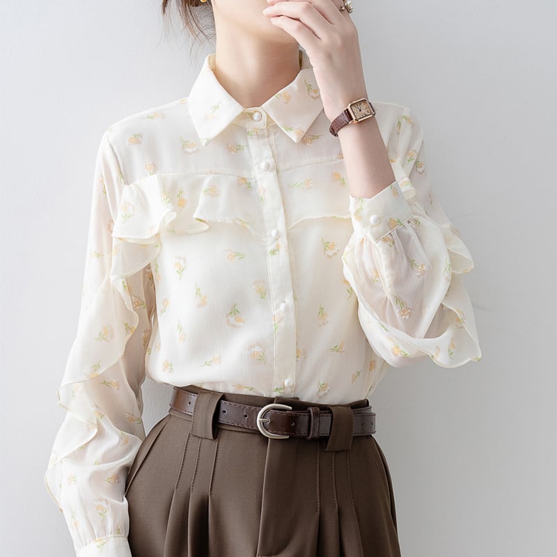 トップス シャツ · ブラウス 花柄 ペプラム 長袖 シングルブレスト