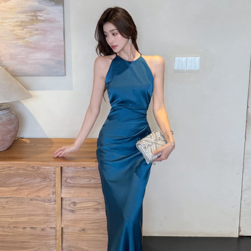 ワンピース 2色展開 ノースリーブ フィッシュテール ブルー ベージュ