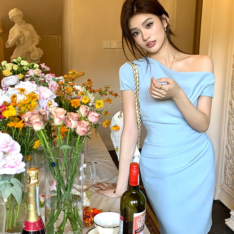 ワンピース 2色展開 オフショルダー 膝上 おしゃれ ブルー ライトコーヒー色 S M L