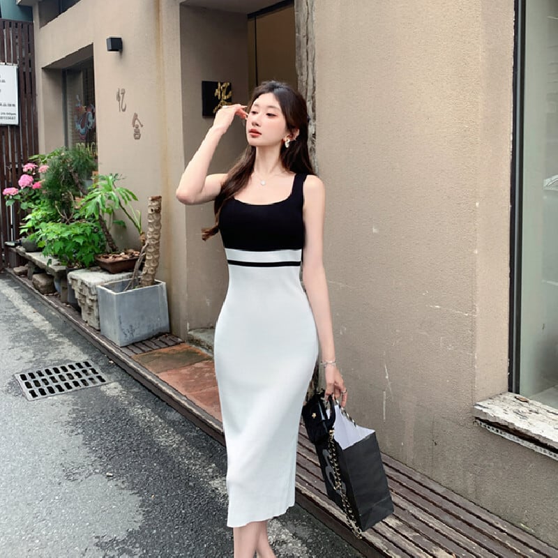 ワンピース スクエアネック ニット 黒白配色 スリムフィット S M L