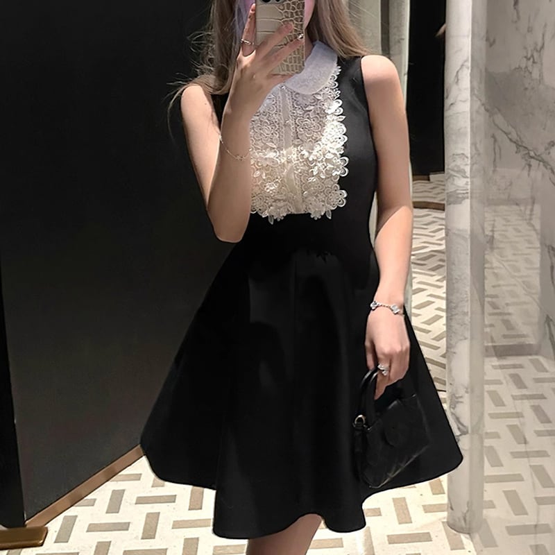 ワンピース POLOネック ノースリーブ レース Aライン ブラック
