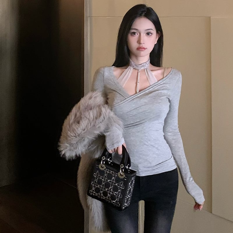 トップス  Tシャツ セットアップ セクシー レース 谷間を出す 切り替え 長袖 キャミソール +Tシャツ グレー ピンク
