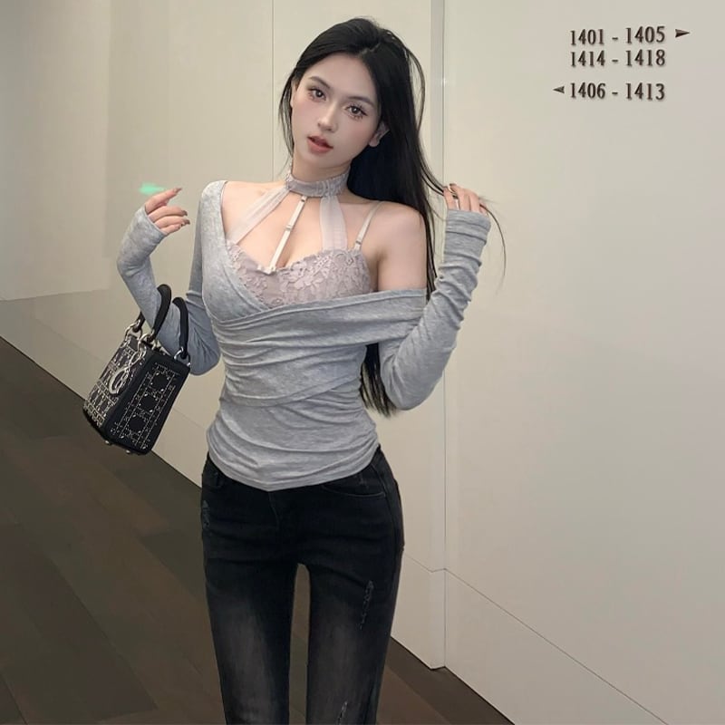 トップス  Tシャツ セットアップ セクシー レース 谷間を出す 切り替え 長袖 キャミソール +Tシャツ グレー ピンク