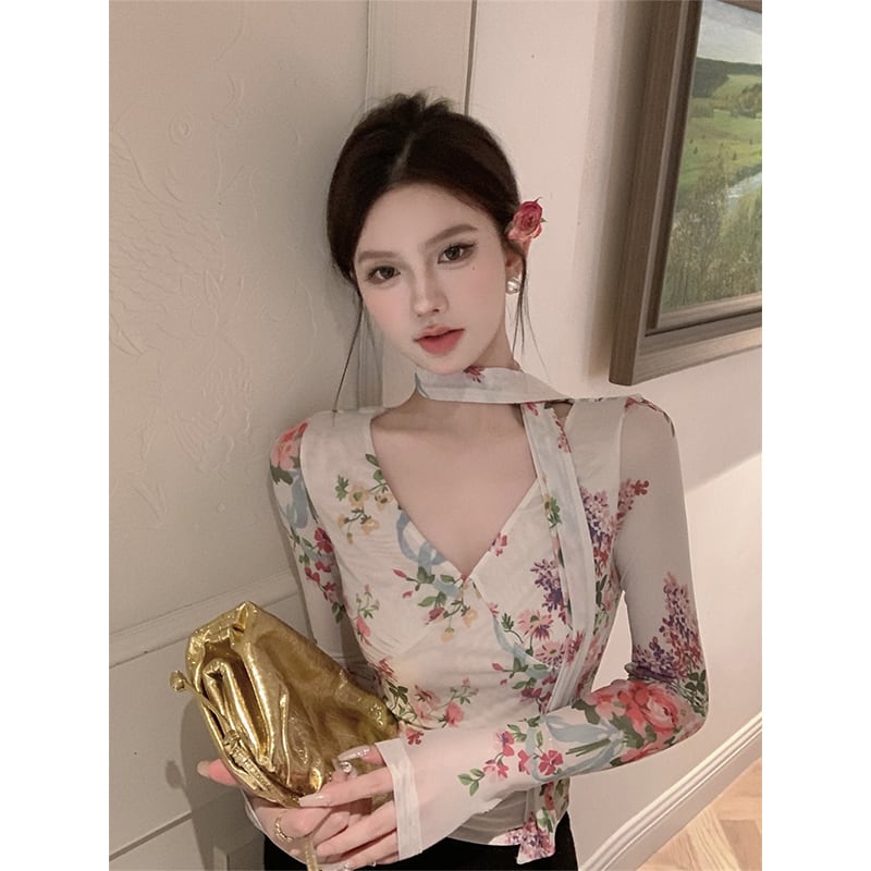 トップス Tシャツ オシャレ 長袖 花柄 レトロ セクシー Vネック
