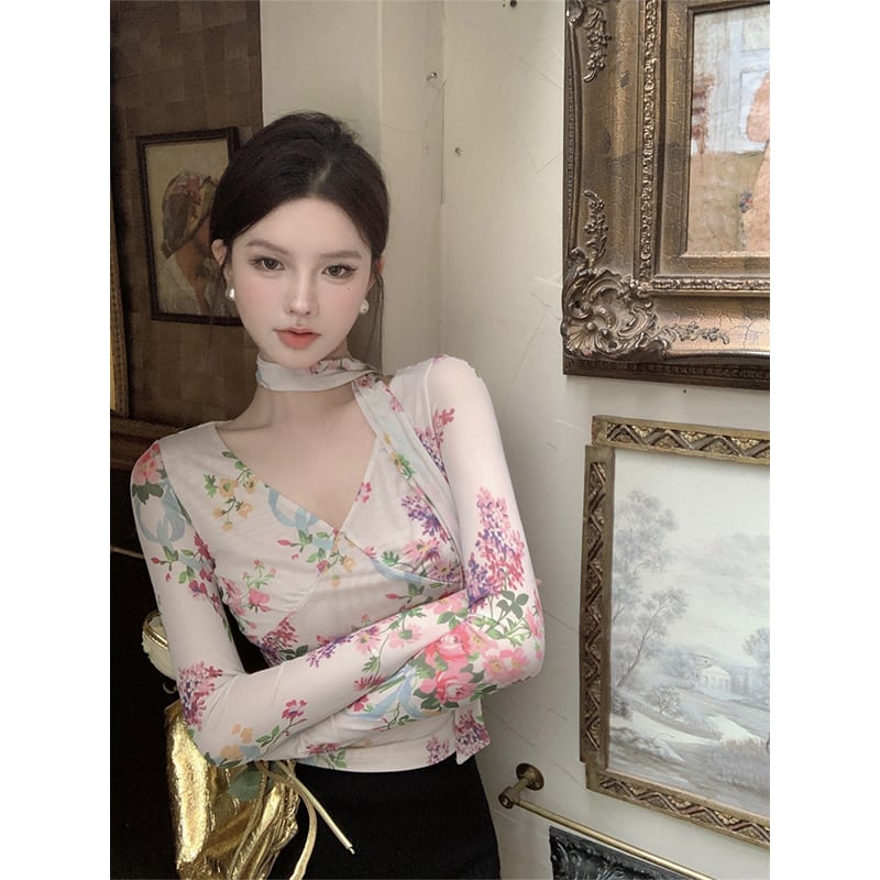 トップス Tシャツ オシャレ 長袖 花柄 レトロ セクシー Vネック