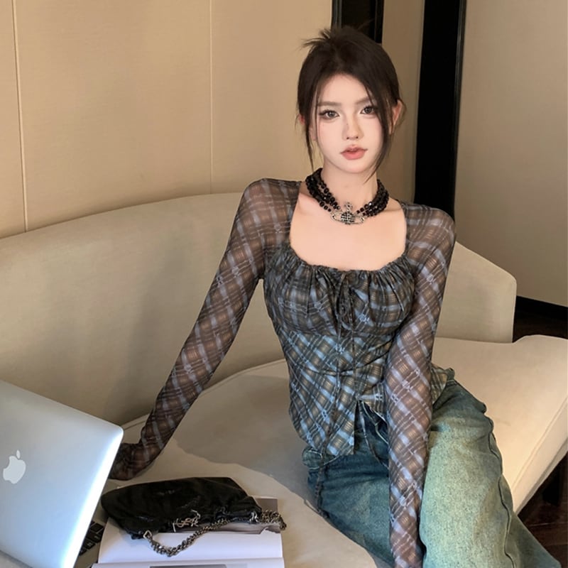 トップス Tシャツ セクシー レトロ 長袖 チェック柄 チュール素材 ブルー