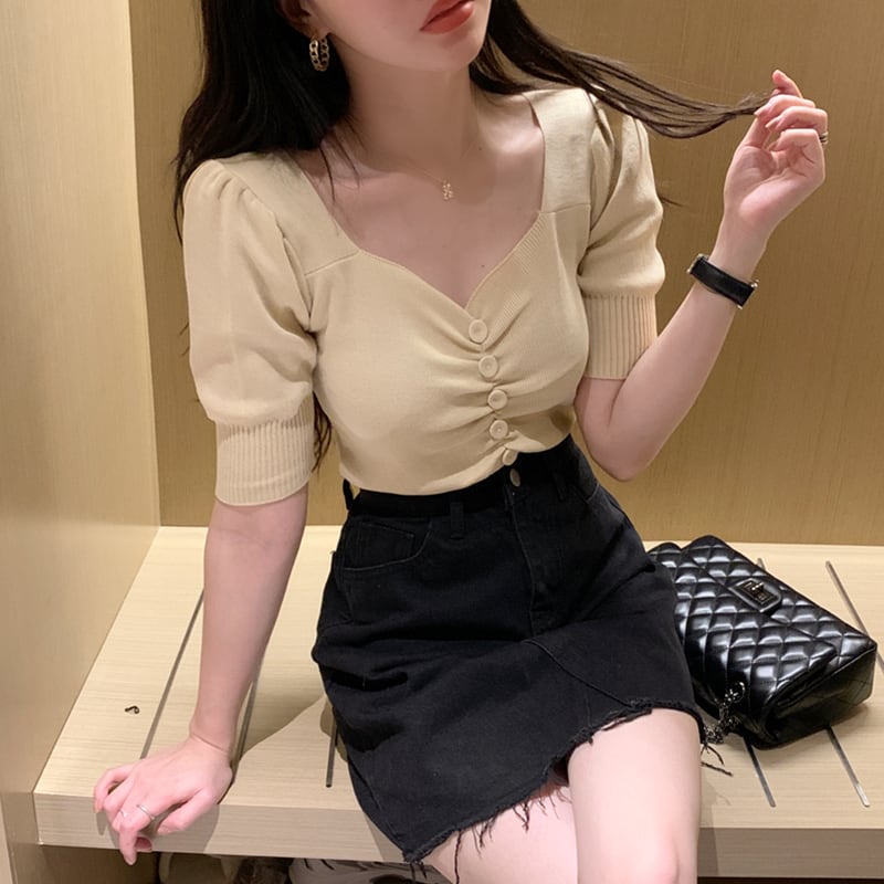 トップス Tシャツ 5色展開 セクシー ニット パープル ホワイト ブラック グリーン アプリコット