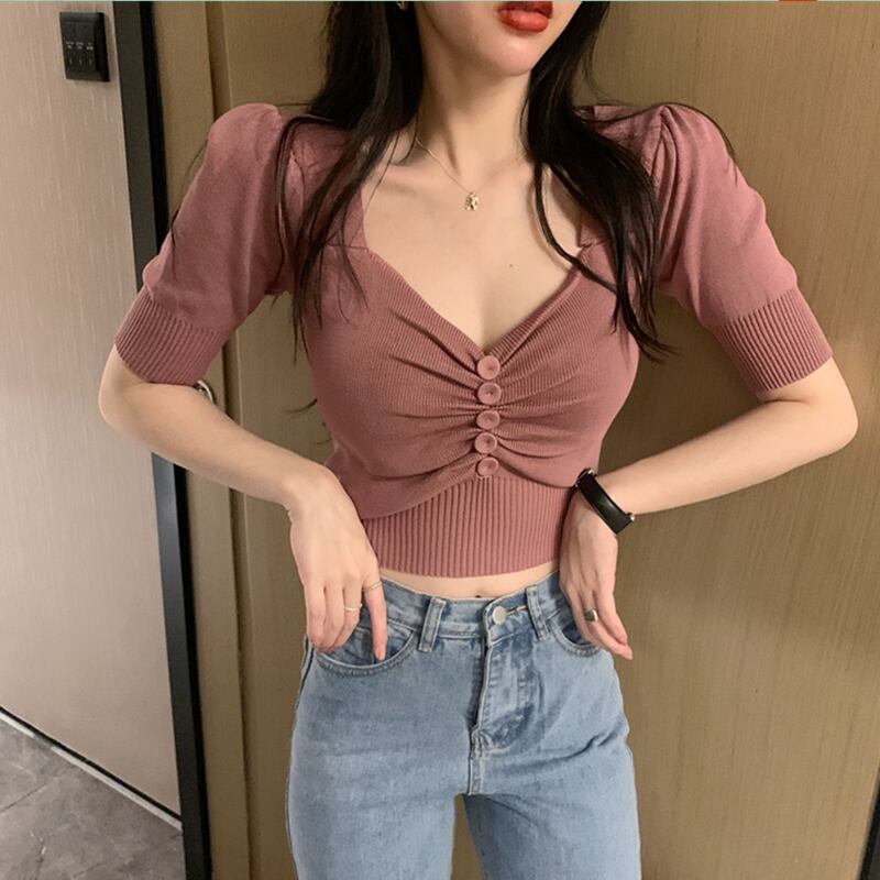 トップス Tシャツ 5色展開 セクシー ニット パープル ホワイト ブラック グリーン アプリコット