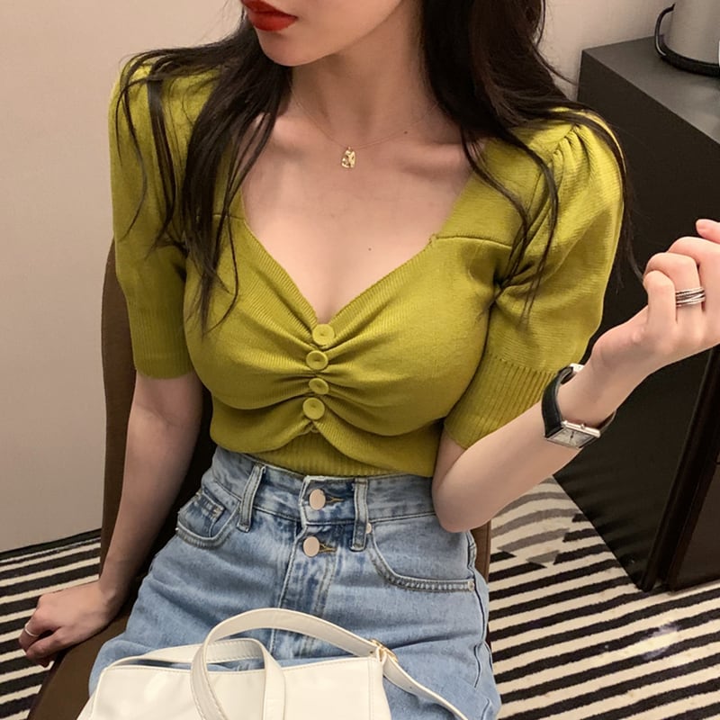 トップス Tシャツ 5色展開 セクシー ニット パープル ホワイト ブラック グリーン アプリコット