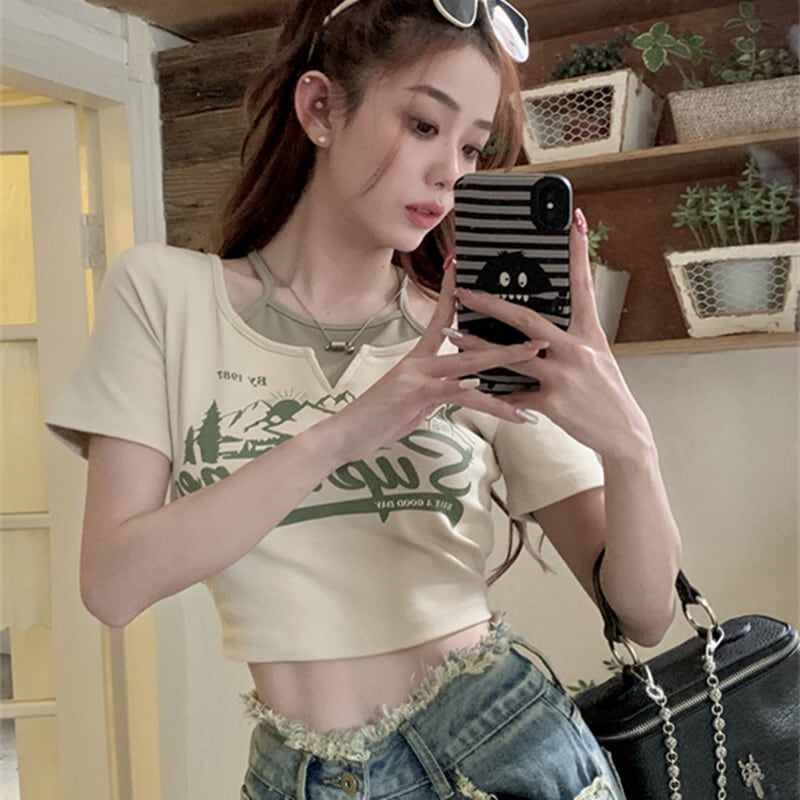 トップス Tシャツ ファッション 重ね着風 アルファベット カジュアル 半袖