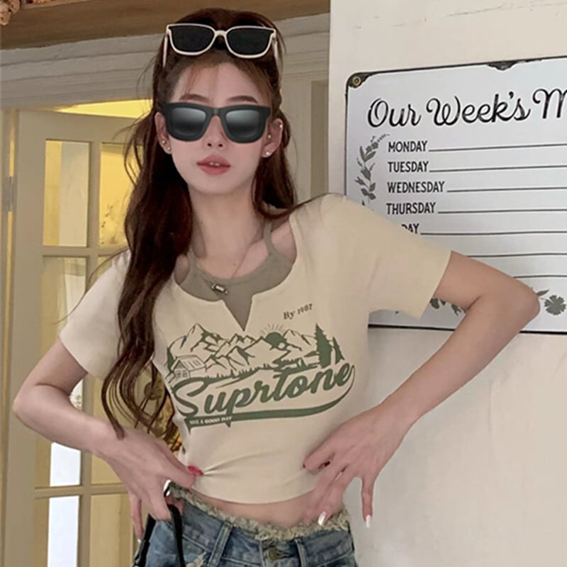トップス Tシャツ ファッション 重ね着風 アルファベット カジュアル 半袖
